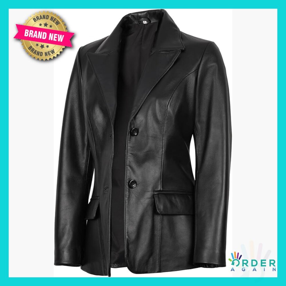 Leather Blazer Jacket Double Breasted Classic Elegant Formal Coat Women